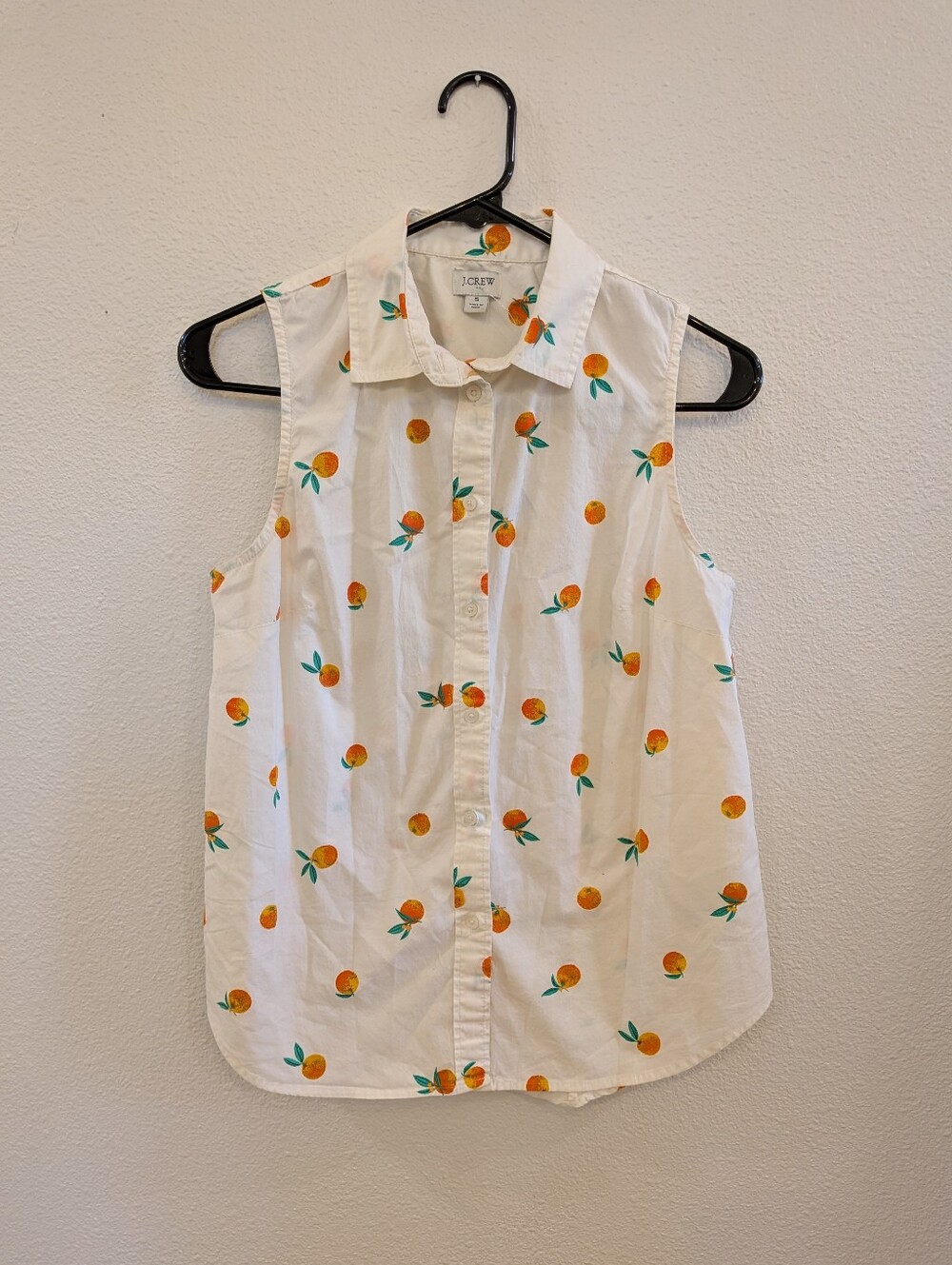 J. Crew White Sleeveless Button-Up Top with Orange Fruit Print
